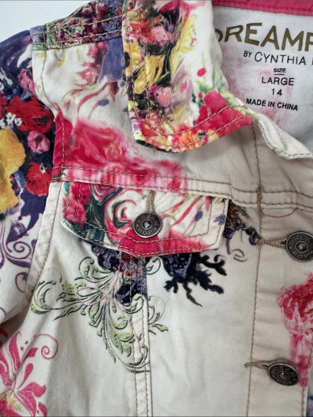 DreamPop by Cynthia Rowley Girls Floral Denim Jacket Multicolor Stretch Large 14